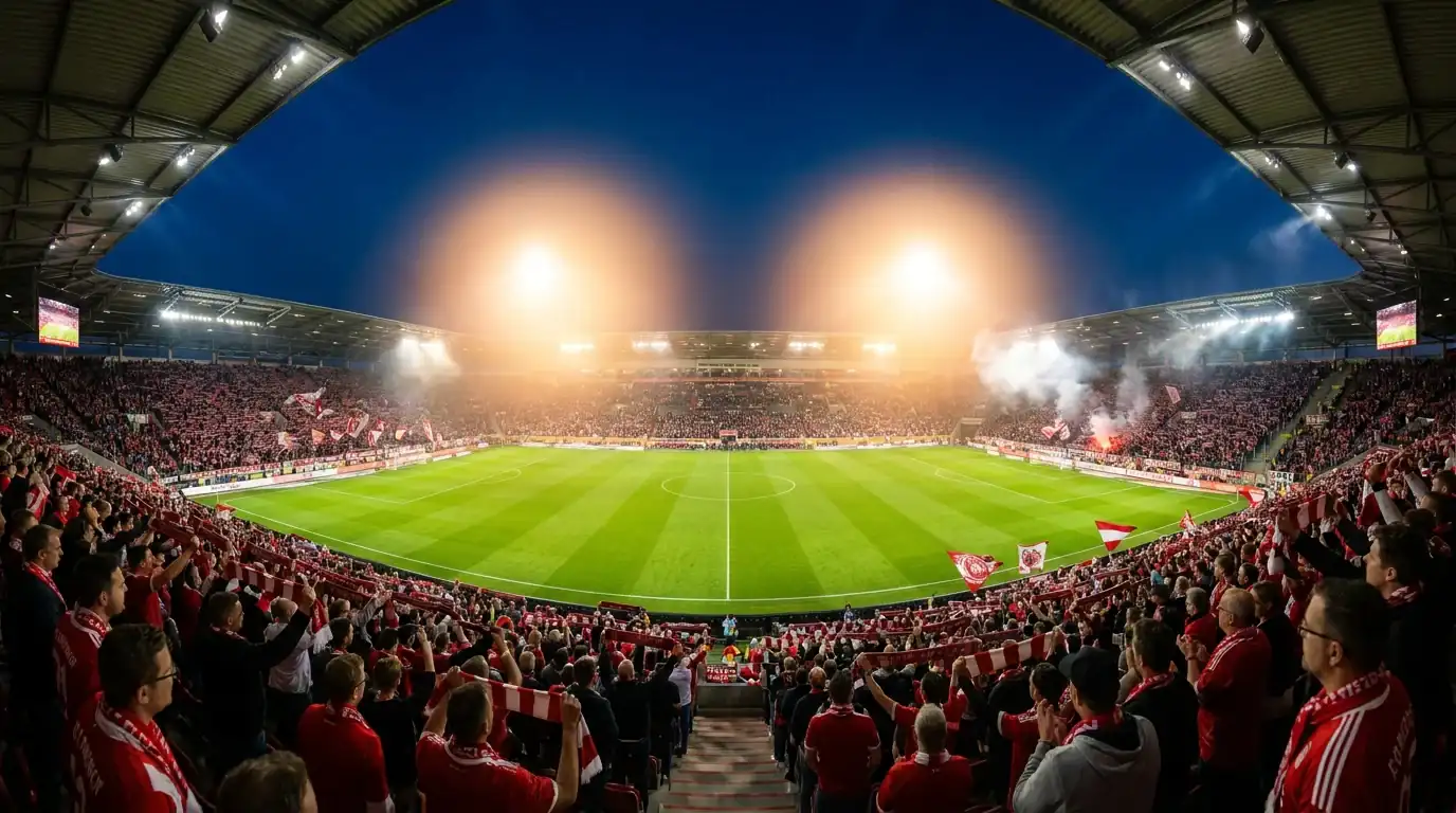 Stade de Bundesliga sous les projecteurs, tribunes pleines avant un match de première division allemande